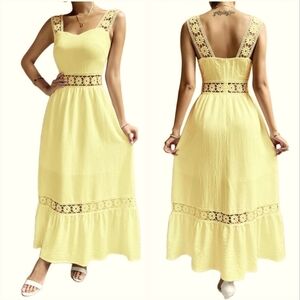 Loness Women's Guipure Lace Bohemian Ruffle Hem Summer Flounce Maxi Dress Sz S